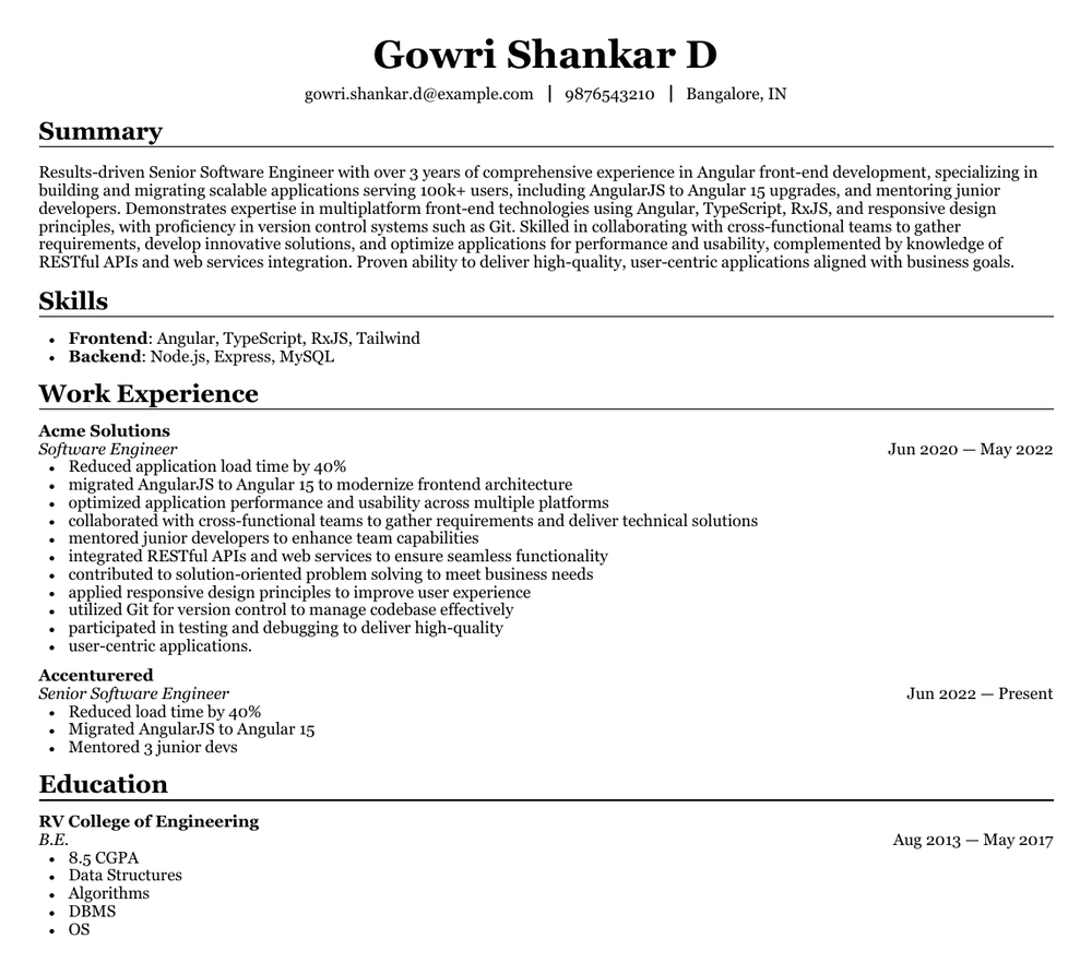 First page of the demo resume PDF — Gowri Shankar D, Senior Software Engineer